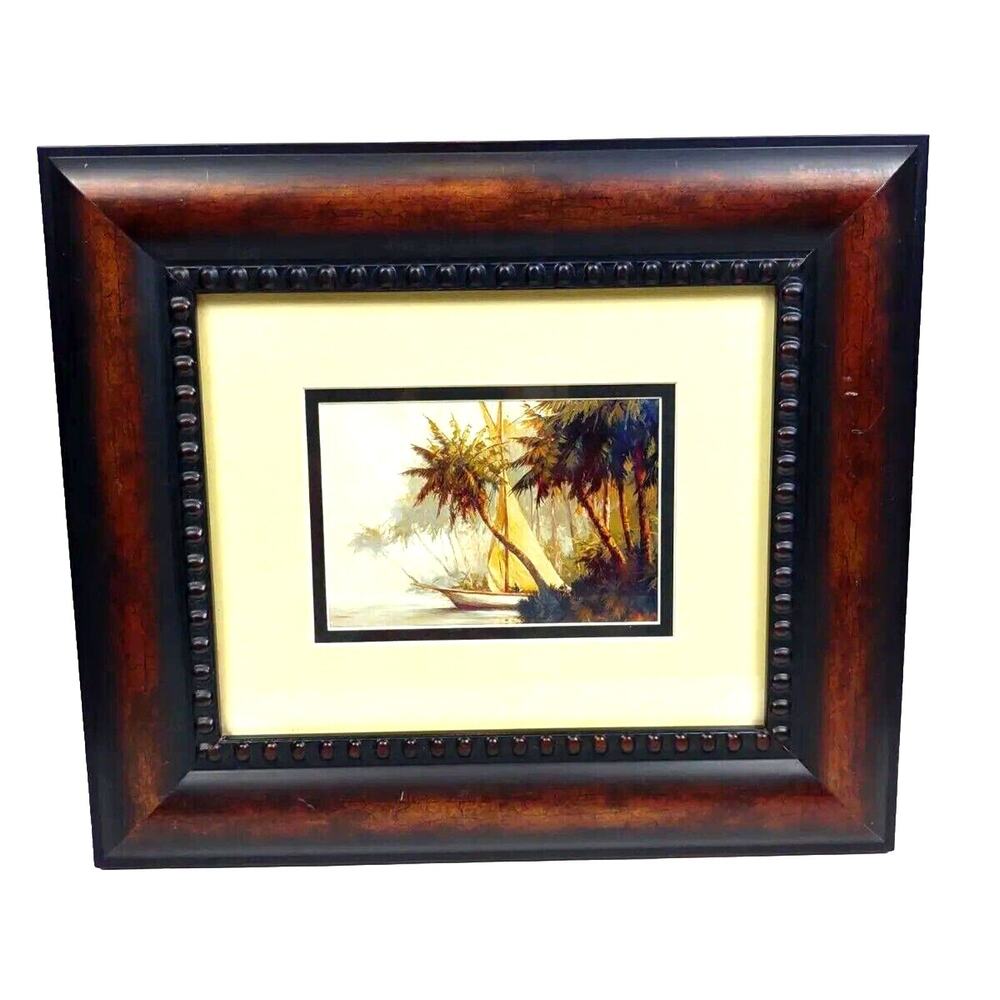 Framed Double Matted Print Leaving Out by Malarz 16" x 14" Sailboats Palm Trees